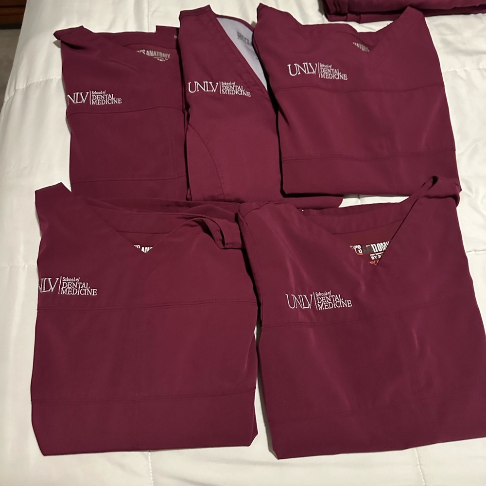 5 Greys Anatomy Maroon/Burgundy scrub tops size medium.